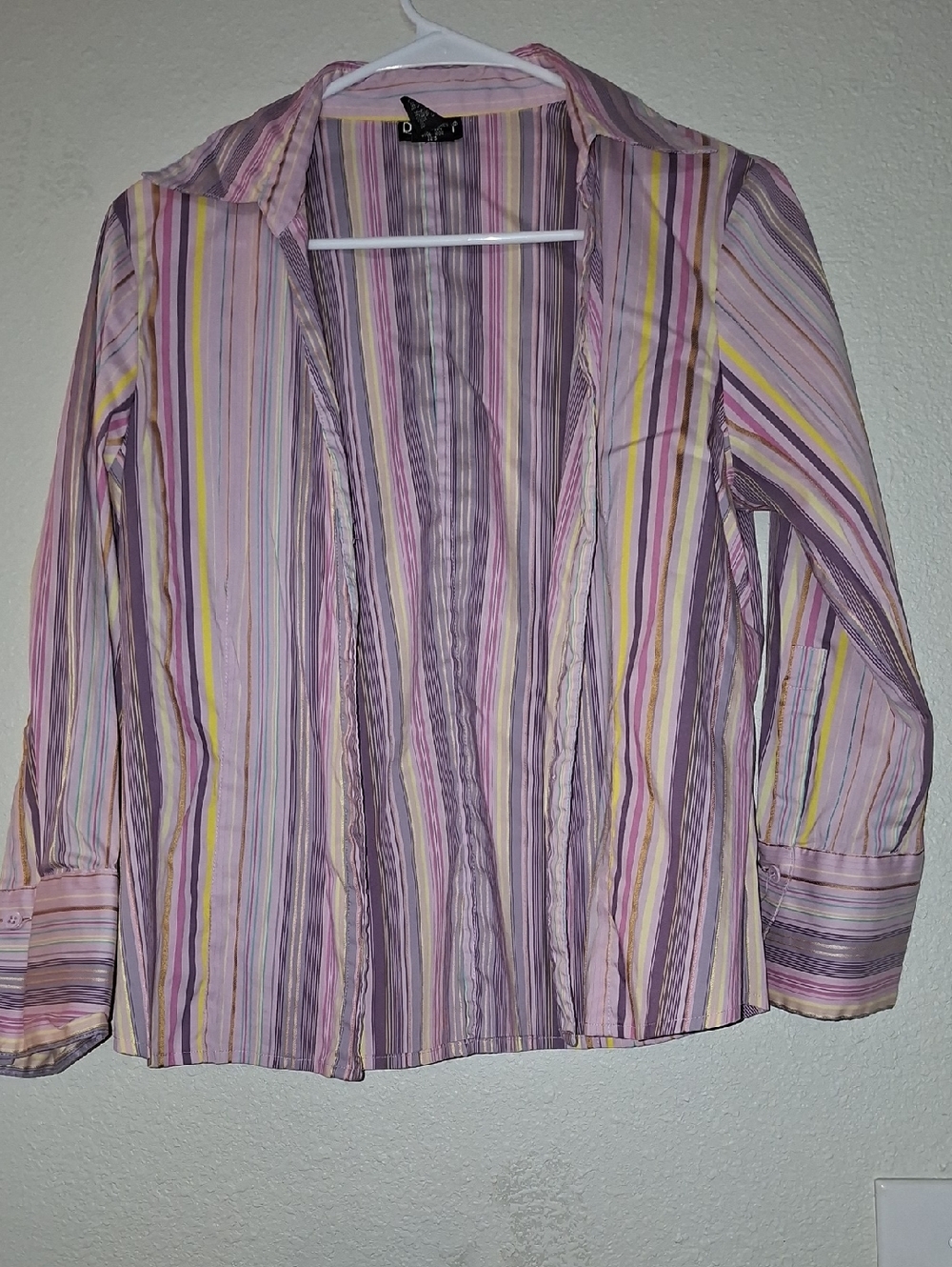 Rafaella Striped Button-Up Shirt in Lavender, Pink & Yellow